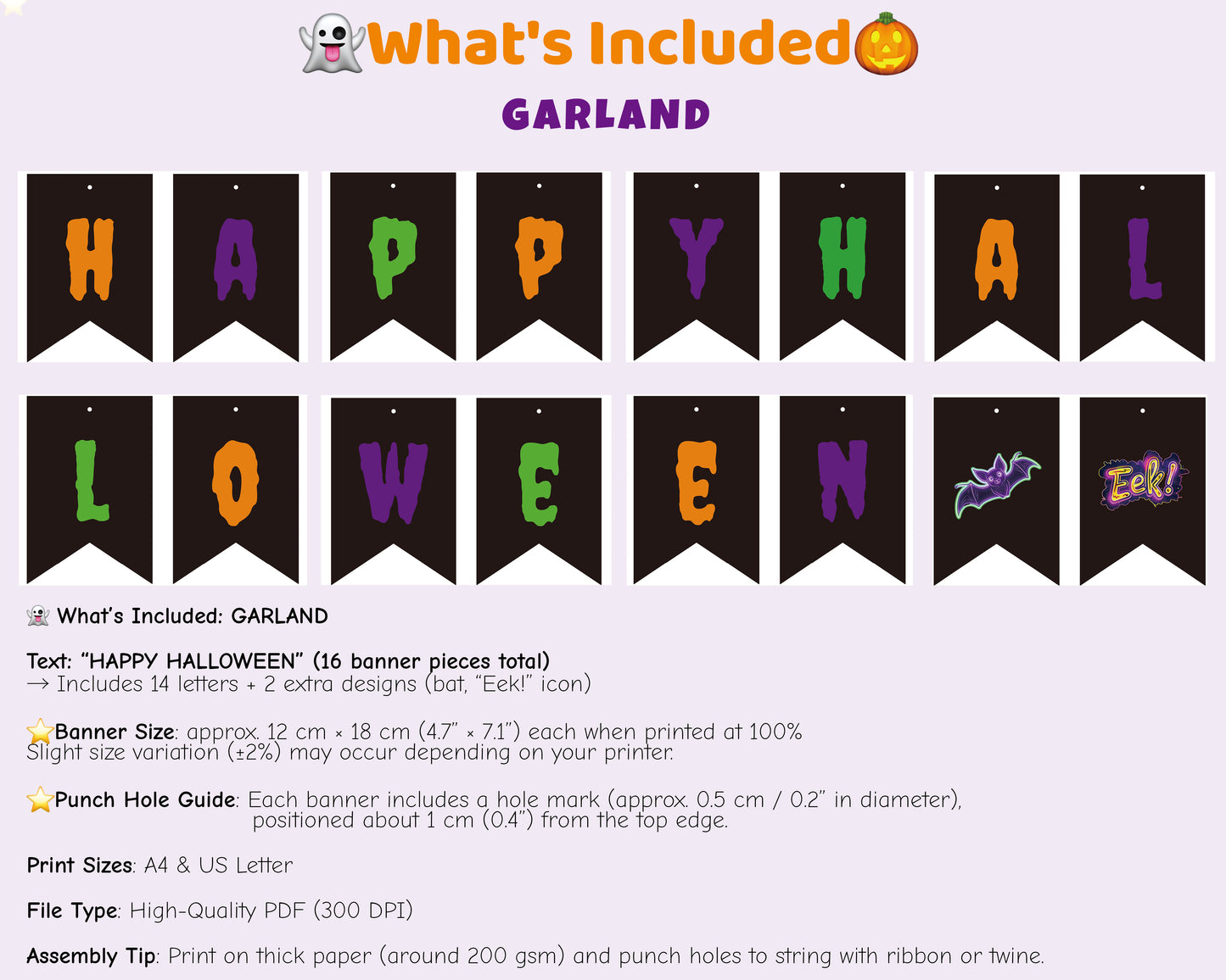 Halloween garland printable – “Happy Halloween” neon banner with spooky icons like bats and ghosts. Perfect for party walls and photo booth backdrops.