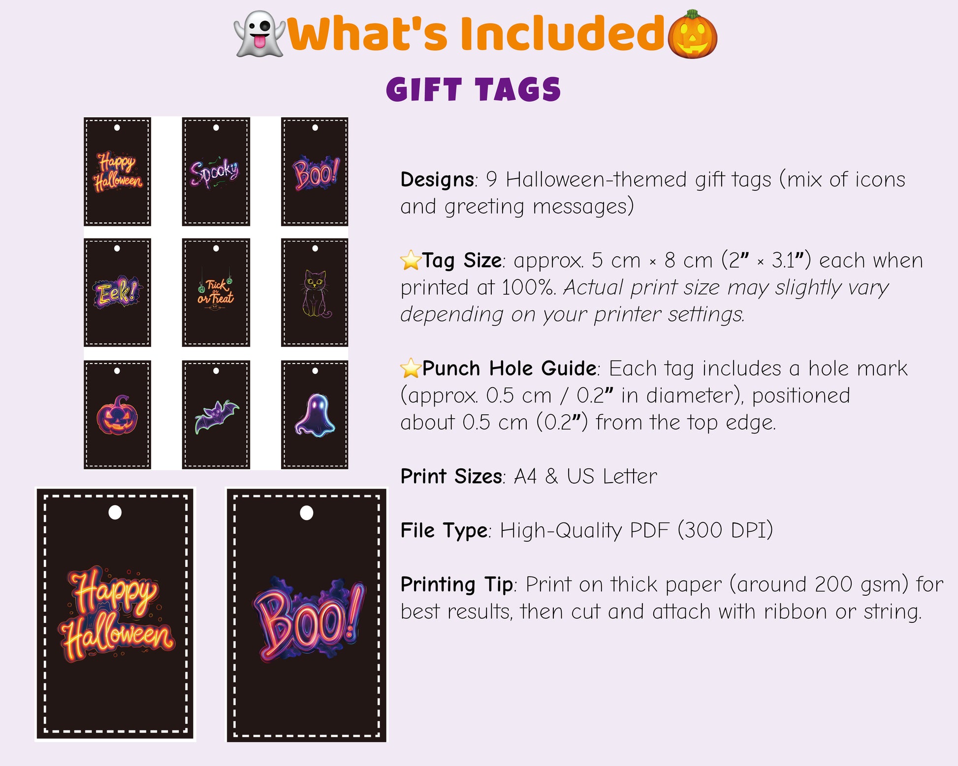 Halloween gift tags printable – 9 neon designs featuring pumpkins, ghosts, bats, and Halloween greetings. Easy to print and attach to party favors or gifts.