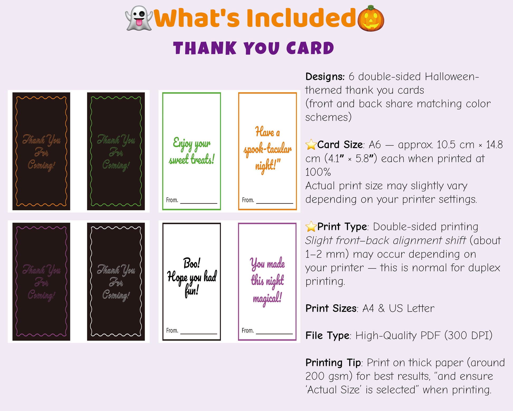 Halloween thank you cards printable – A6 double-sided cards with spooky messages like “Boo!” and “Have a spook-tacular night!” Easy to print and fold.