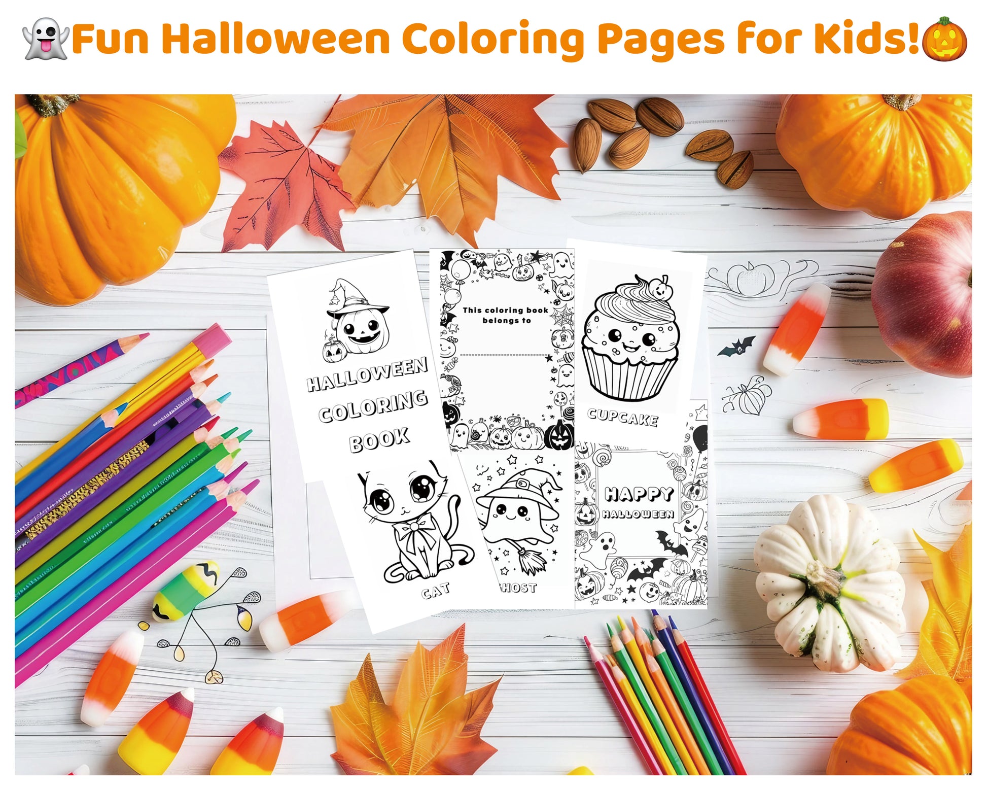 Halloween coloring book pages – printable art activity for kids with ghost, witch, and cupcake illustrations. Great for classrooms or family Halloween fun.