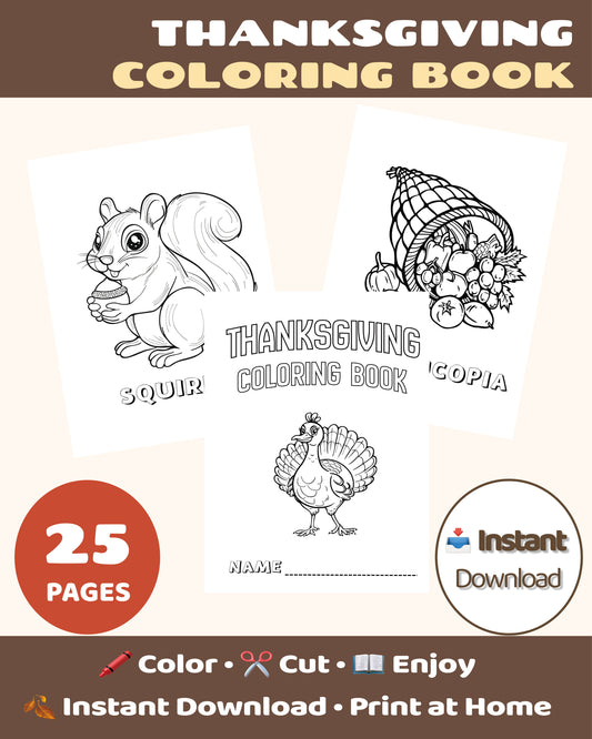 Thanksgiving Coloring Book – 25 Printable Pages | Kids Activity | A4 & US Letter | Instant Download