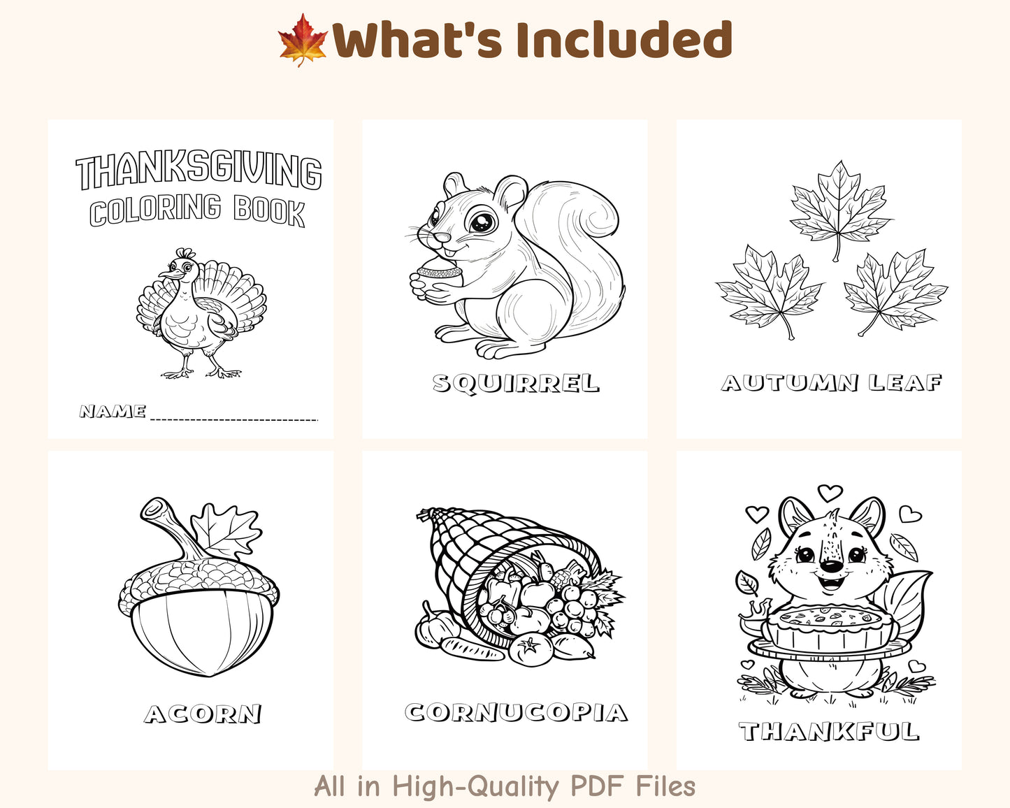 Thanksgiving Coloring Book – 25 Printable Pages | Kids Activity | A4 & US Letter | Instant Download