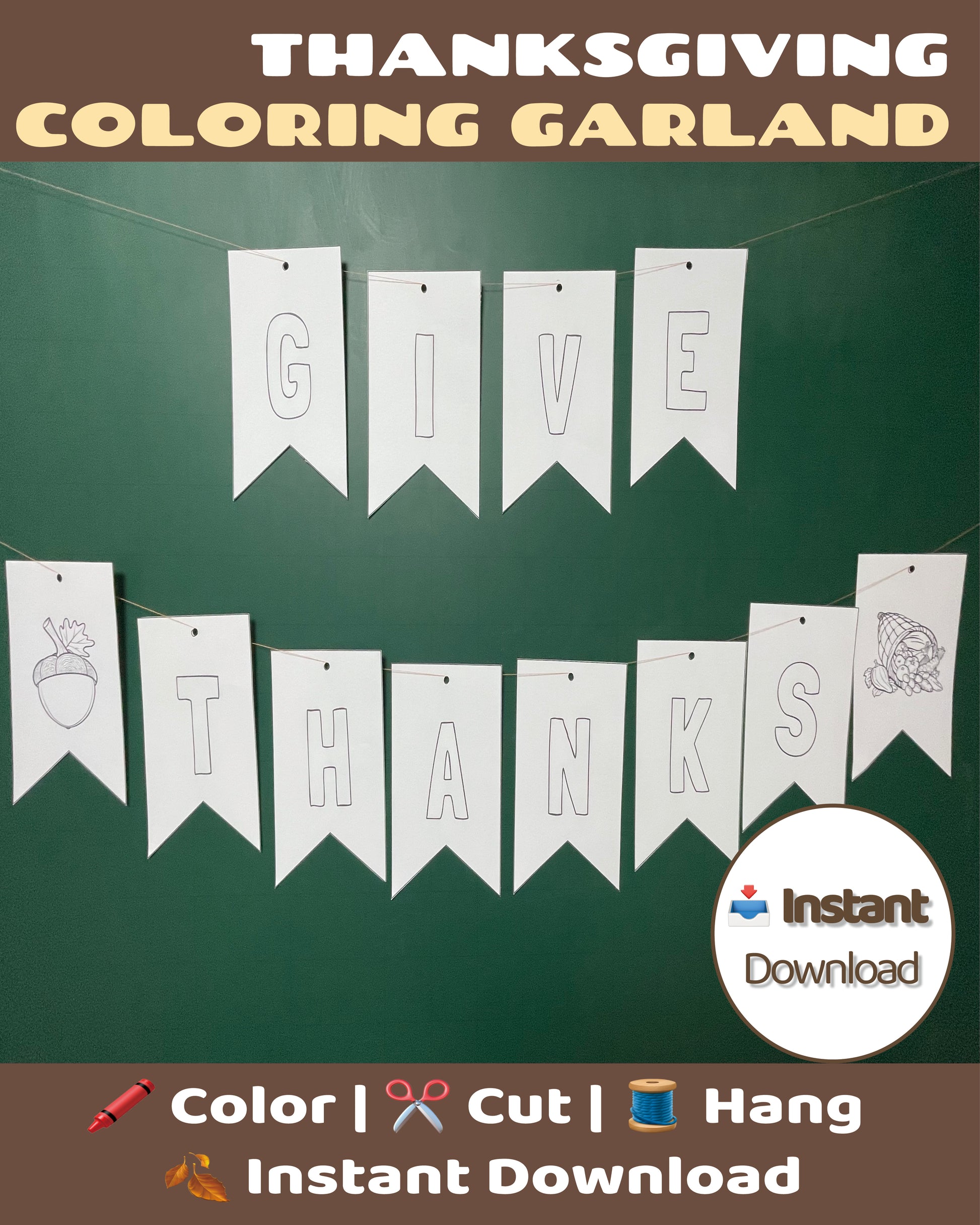 Thanksgiving Coloring Garland – printable DIY banner for kids and families. Includes “Give Thanks” letters for coloring and hanging.