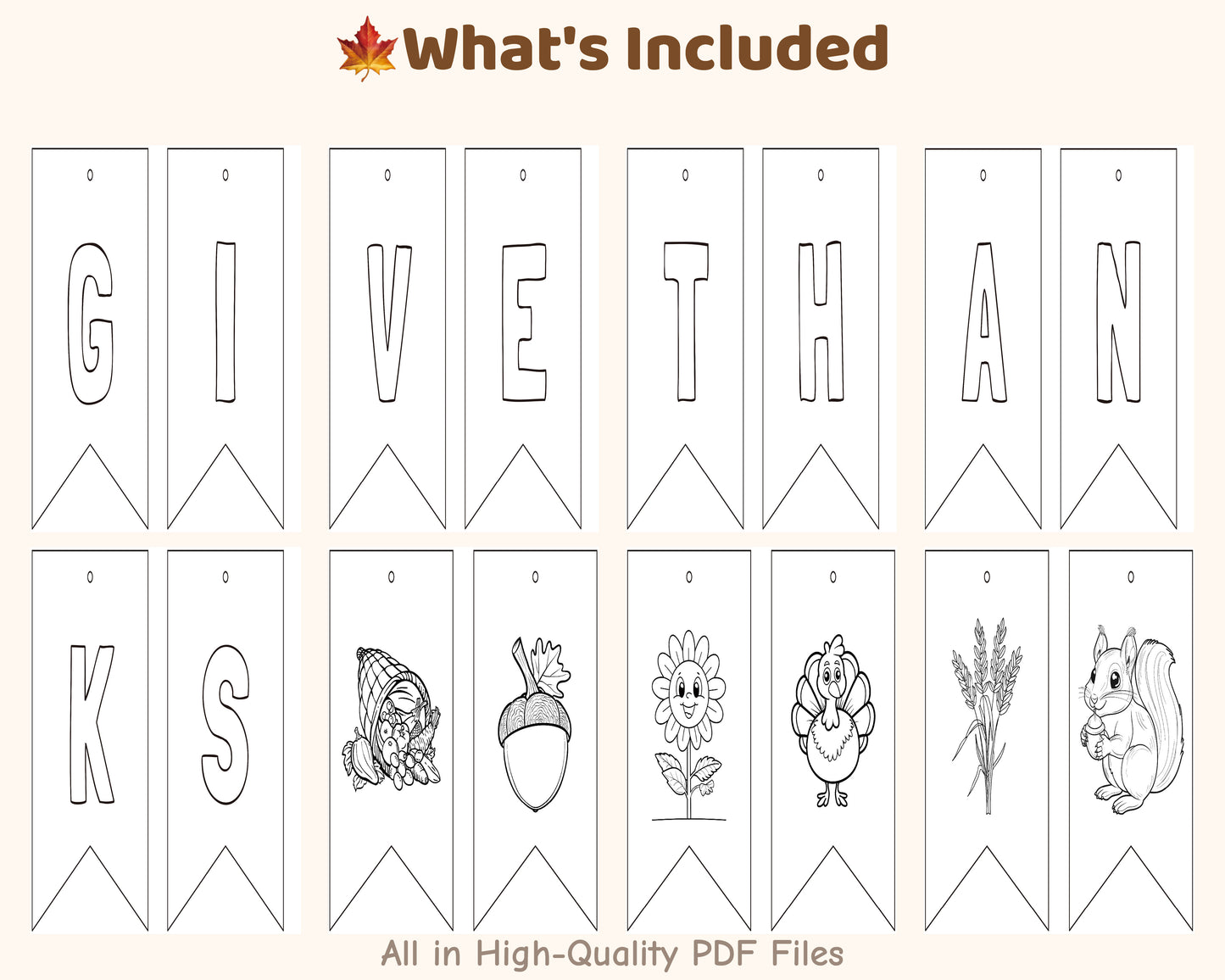 Printable Thanksgiving coloring banner – “Give Thanks” garland with letters and cute fall illustrations like turkey, squirrel, and sunflower.