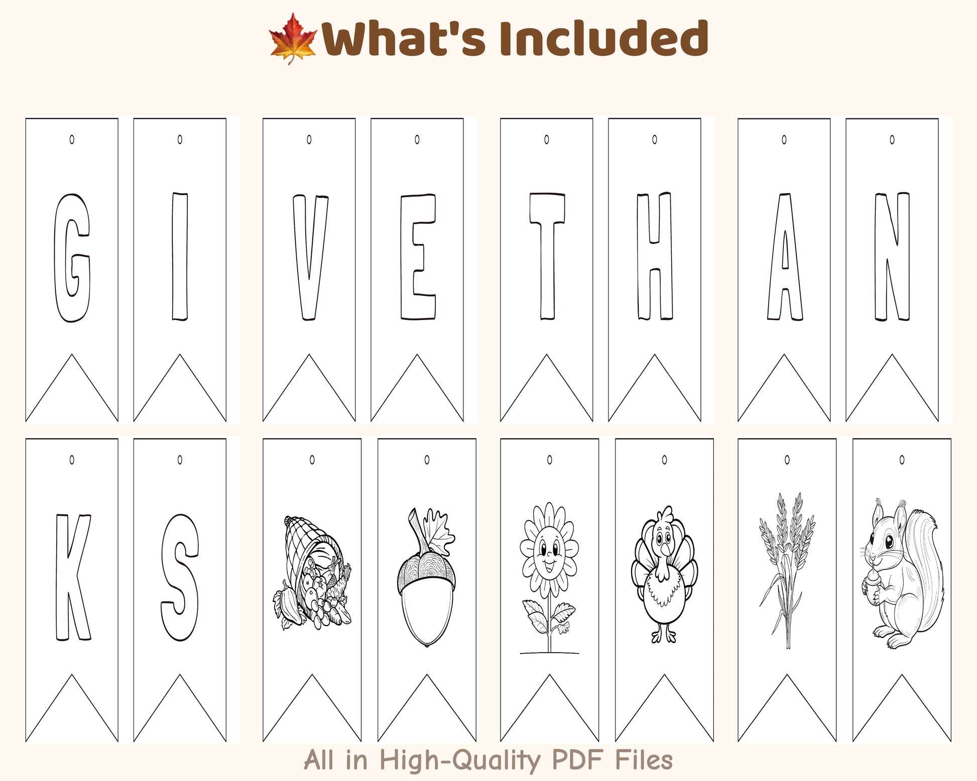 Printable Thanksgiving coloring banner – “Give Thanks” garland with letters and cute fall illustrations like turkey, squirrel, and sunflower.