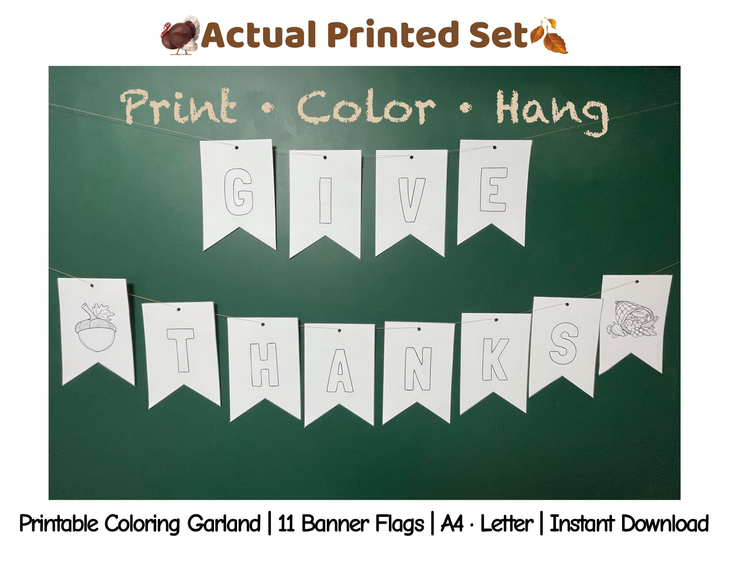 Printed Thanksgiving coloring garland – “Give Thanks” banner displayed on green background, ready to color and hang for fall decor.