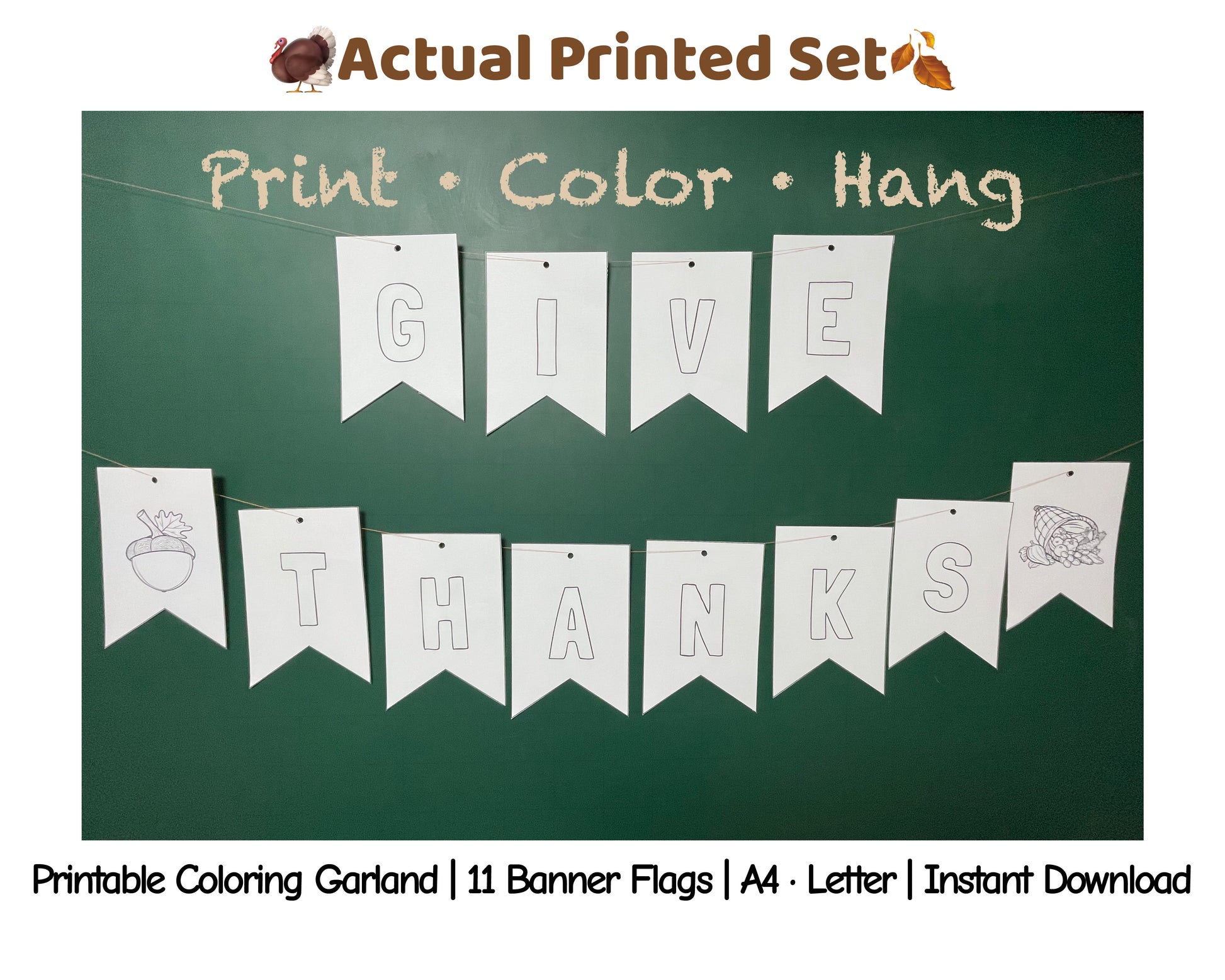 Printed Thanksgiving coloring garland – “Give Thanks” banner displayed on green background, ready to color and hang for fall decor.