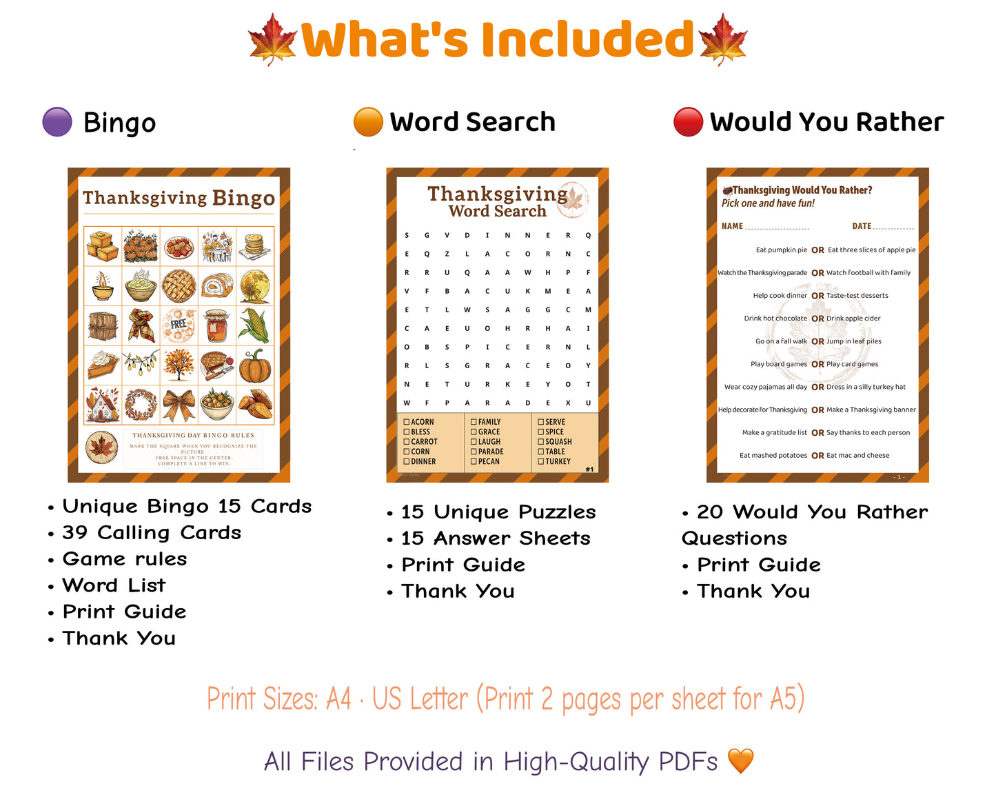 Thanksgiving Family Mega Bundle contents – printable Bingo, Word Search, and Would You Rather games with print guide and answer keys.