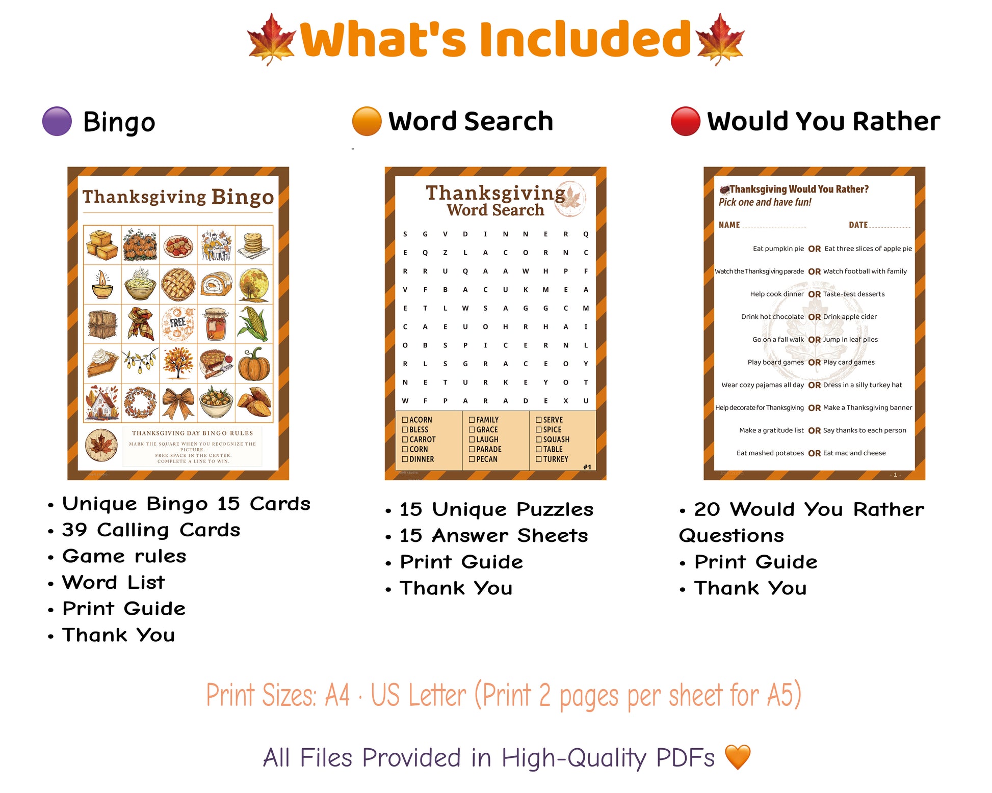 Thanksgiving Family Mega Bundle contents – printable Bingo, Word Search, and Would You Rather games with print guide and answer keys.