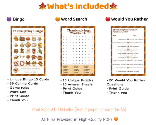 Thanksgiving Family Mega Bundle contents – printable Bingo, Word Search, and Would You Rather games with print guide and answer keys.