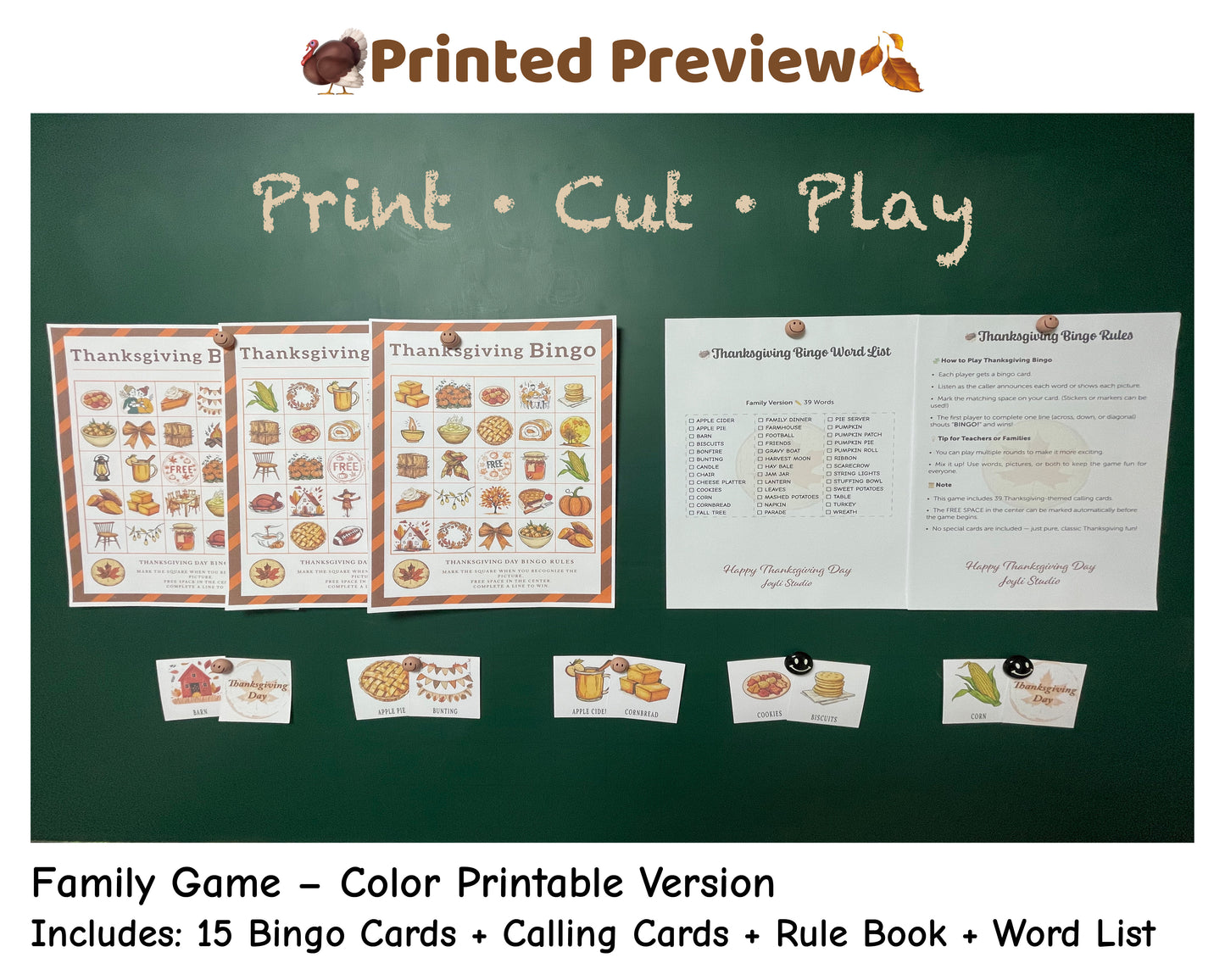 Thanksgiving Bingo printed set – color printable version for families. Includes calling cards, rulebook, and word list.