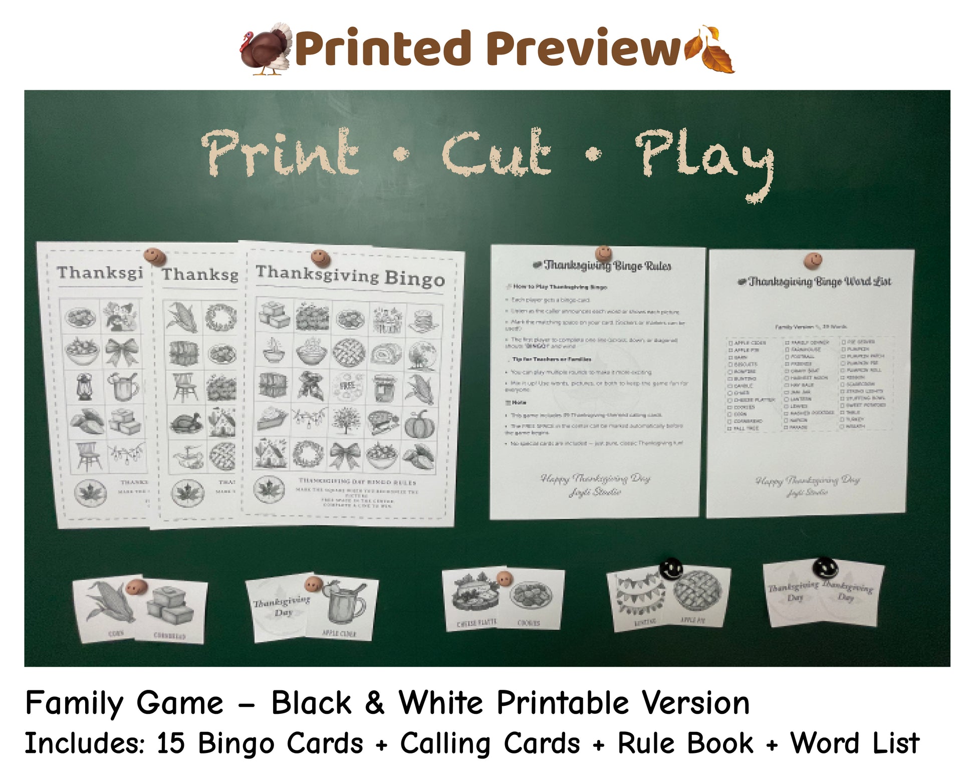 Thanksgiving Bingo printed preview – black and white printable cards. Easy to print and play at home.