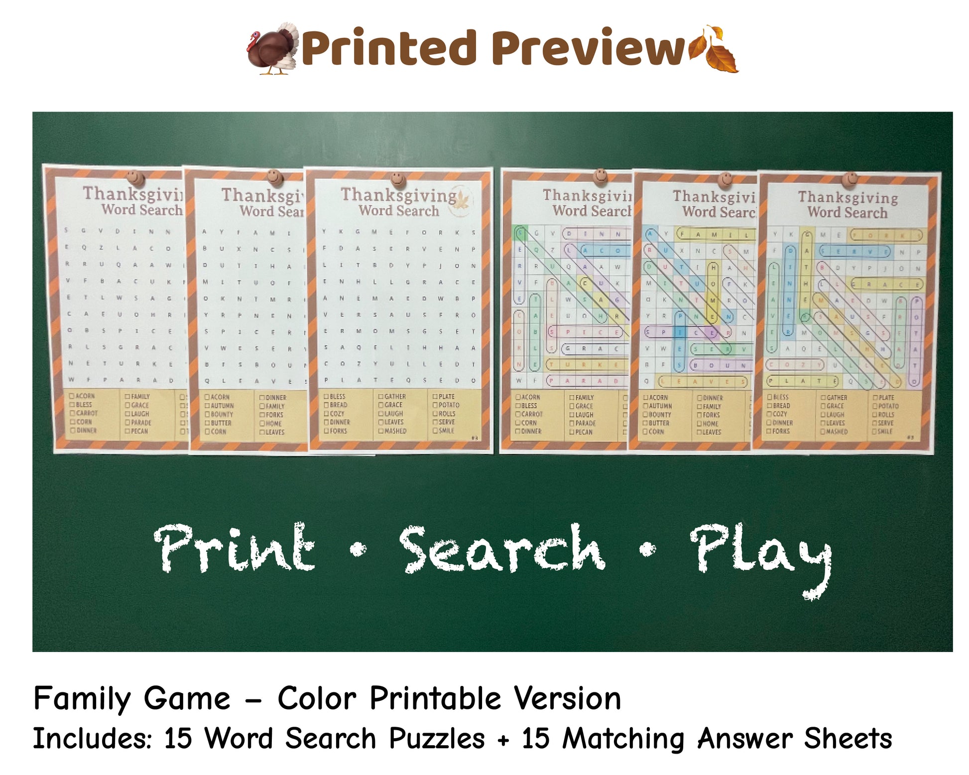 Thanksgiving Word Search printable puzzle set – color version with matching answer sheets. Fun printable for kids and family gatherings.