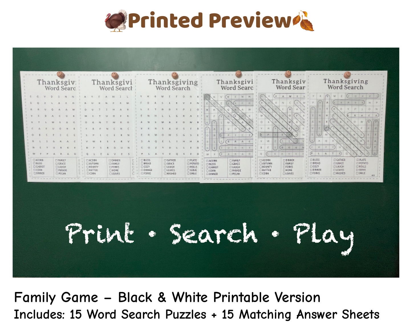 Thanksgiving Word Search black & white printable – easy to print puzzles for family holiday fun. Includes answer keys.