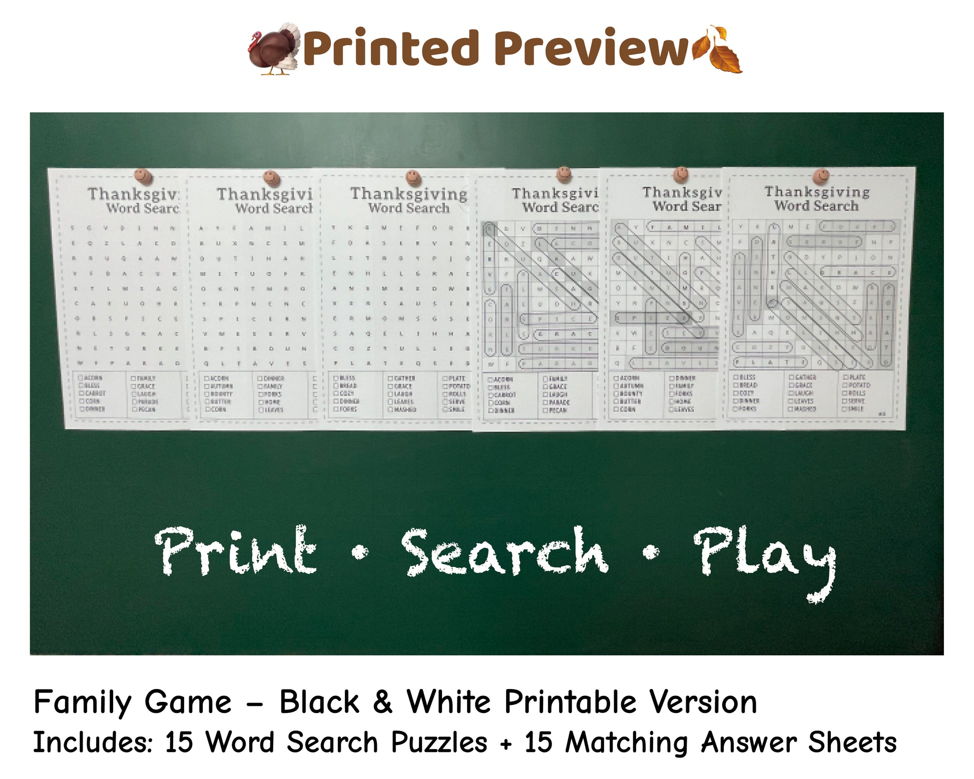 Thanksgiving Word Search black & white printable – easy to print puzzles for family holiday fun. Includes answer keys.