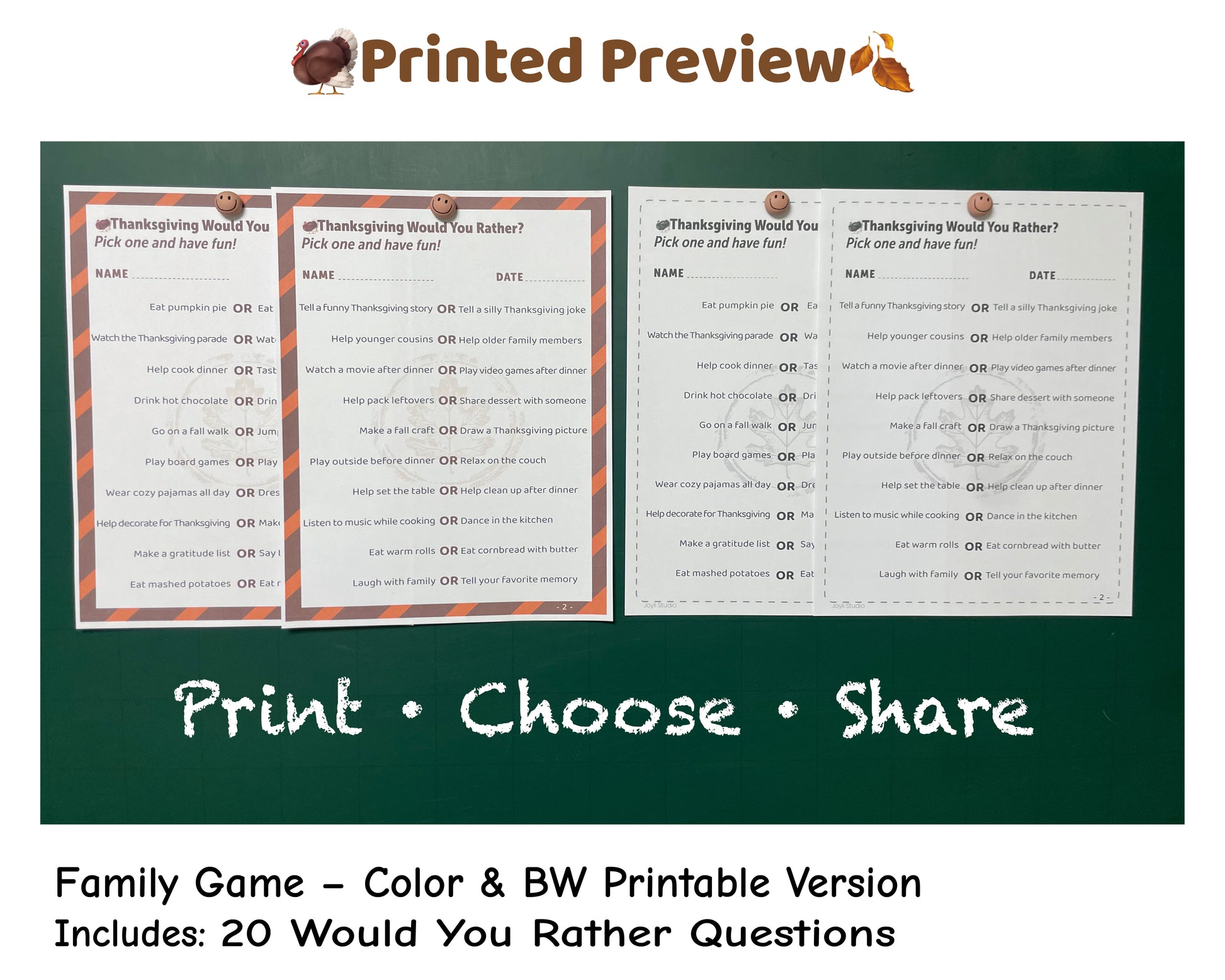 Thanksgiving Would You Rather printable game – color and B&W pages, includes 20 fun family questions to share during Thanksgiving.