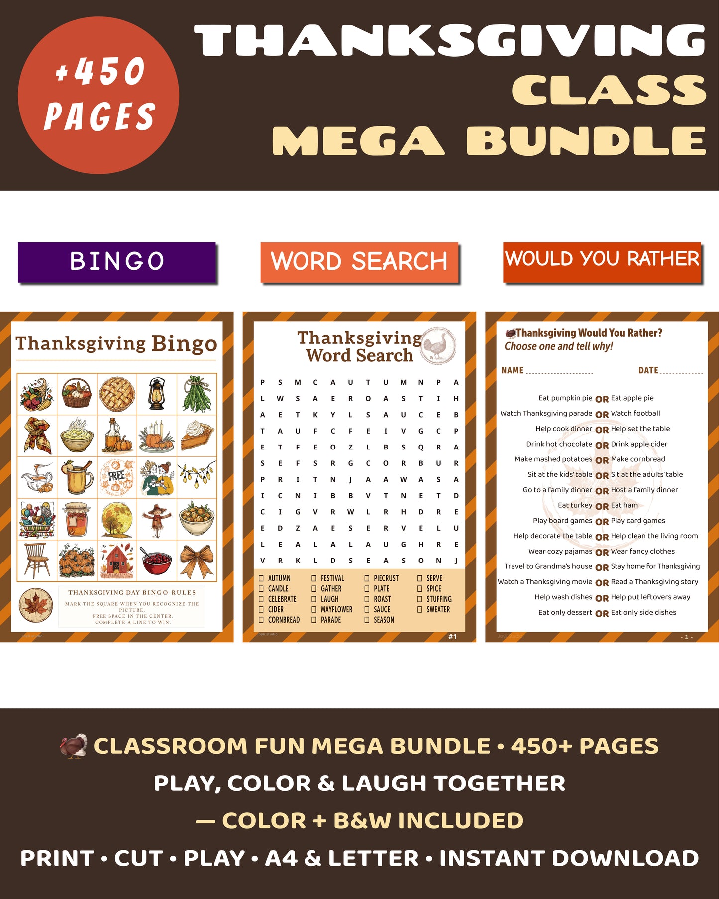 Thanksgiving Classroom Mega Bundle – printable games for Grades 2–6. Includes Bingo, Word Search, and Would You Rather (Color + B&W). Over 450 pages.