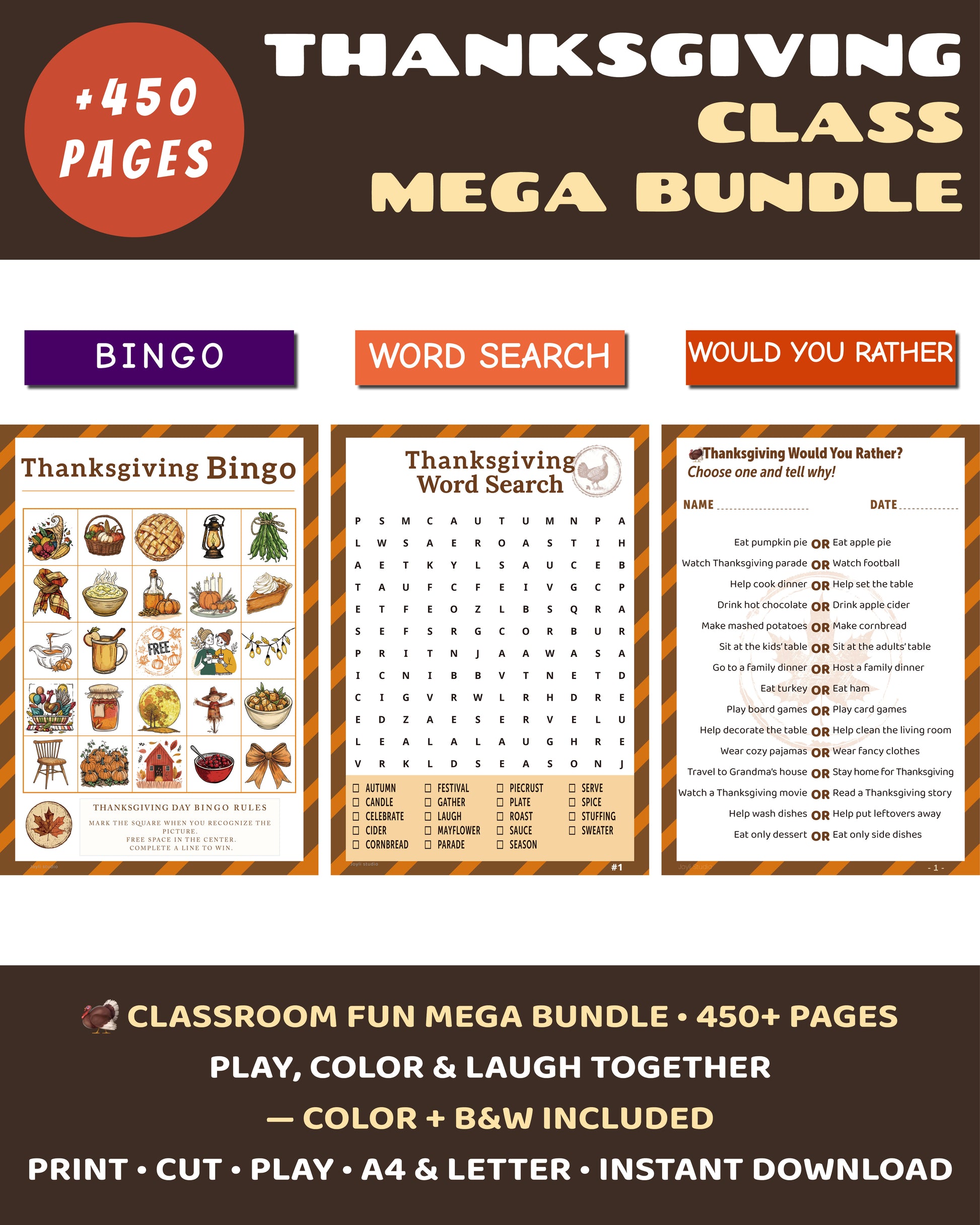 Thanksgiving Classroom Mega Bundle – printable games for Grades 2–6. Includes Bingo, Word Search, and Would You Rather (Color + B&W). Over 450 pages.