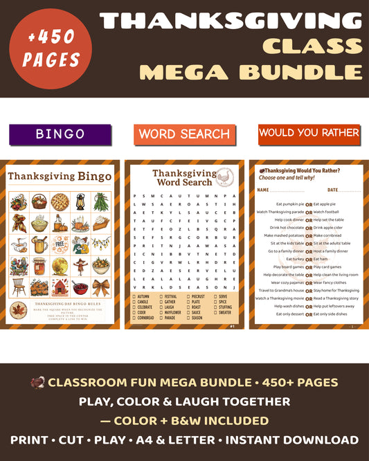 Thanksgiving Classroom Mega Bundle – printable games for Grades 2–6. Includes Bingo, Word Search, and Would You Rather (Color + B&W). Over 450 pages.