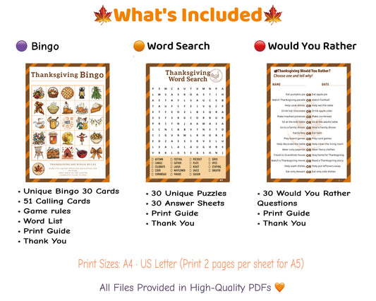 Thanksgiving classroom printable bundle contents – 30 Bingo cards, 30 Word Search puzzles, and 30 Would You Rather questions with teacher guide.