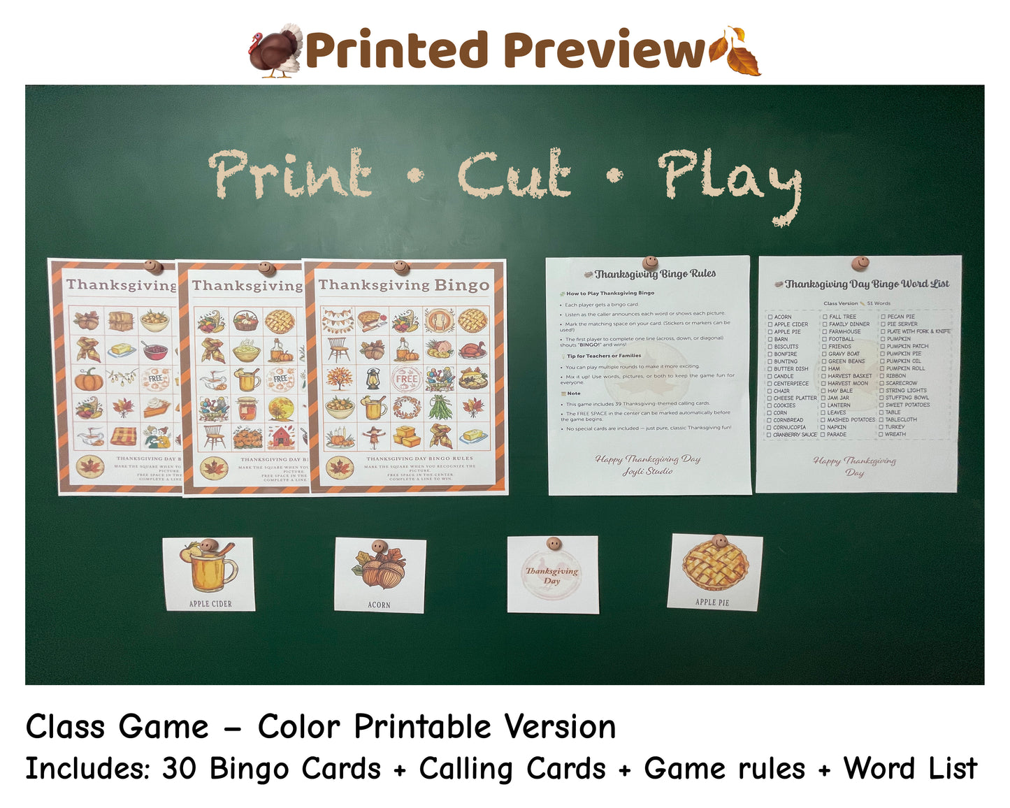 Thanksgiving Bingo Classroom Edition – color printable cards with rule sheet and word list for teachers.