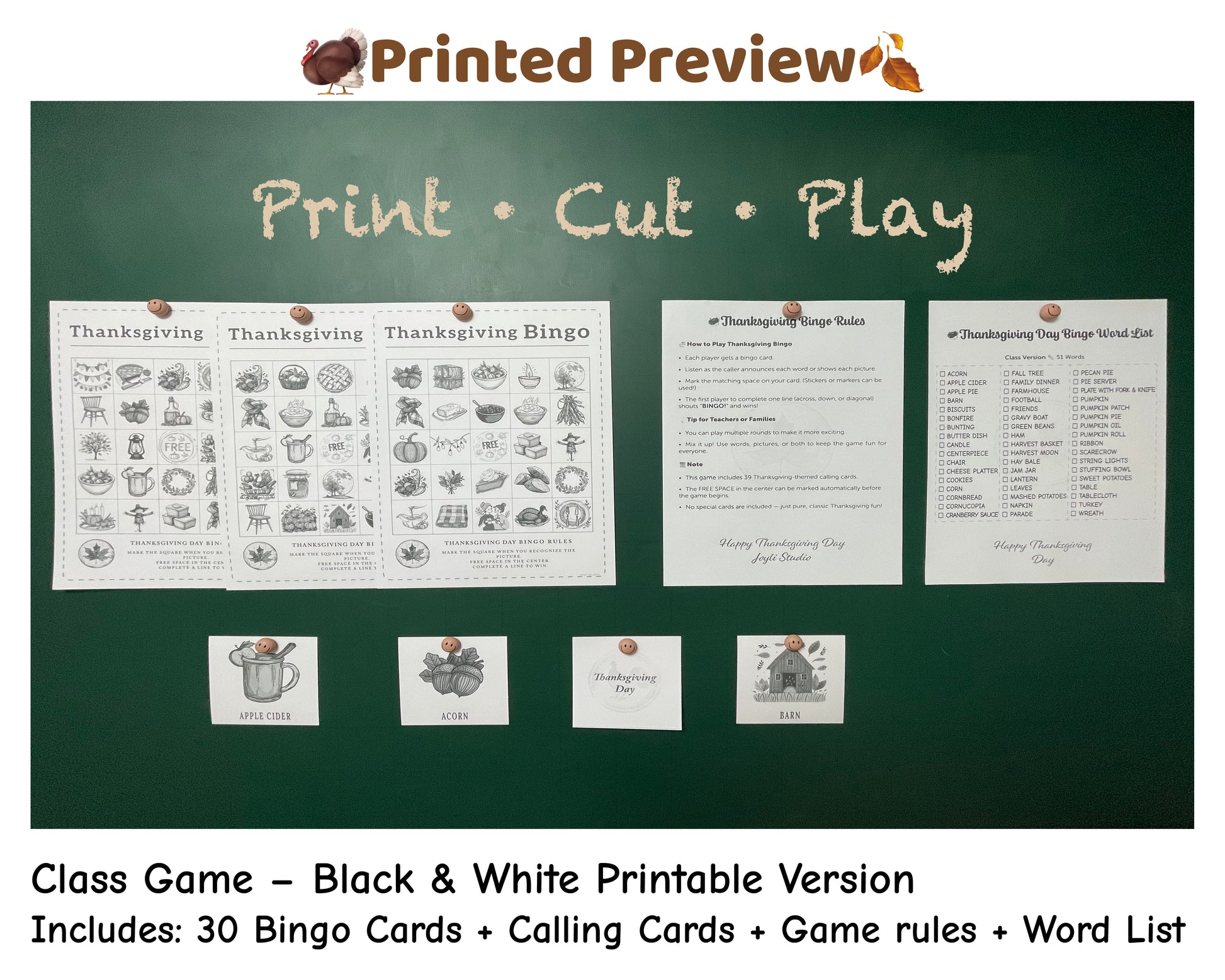 Thanksgiving Bingo classroom printable – black & white version, perfect for student handouts and classroom fun.