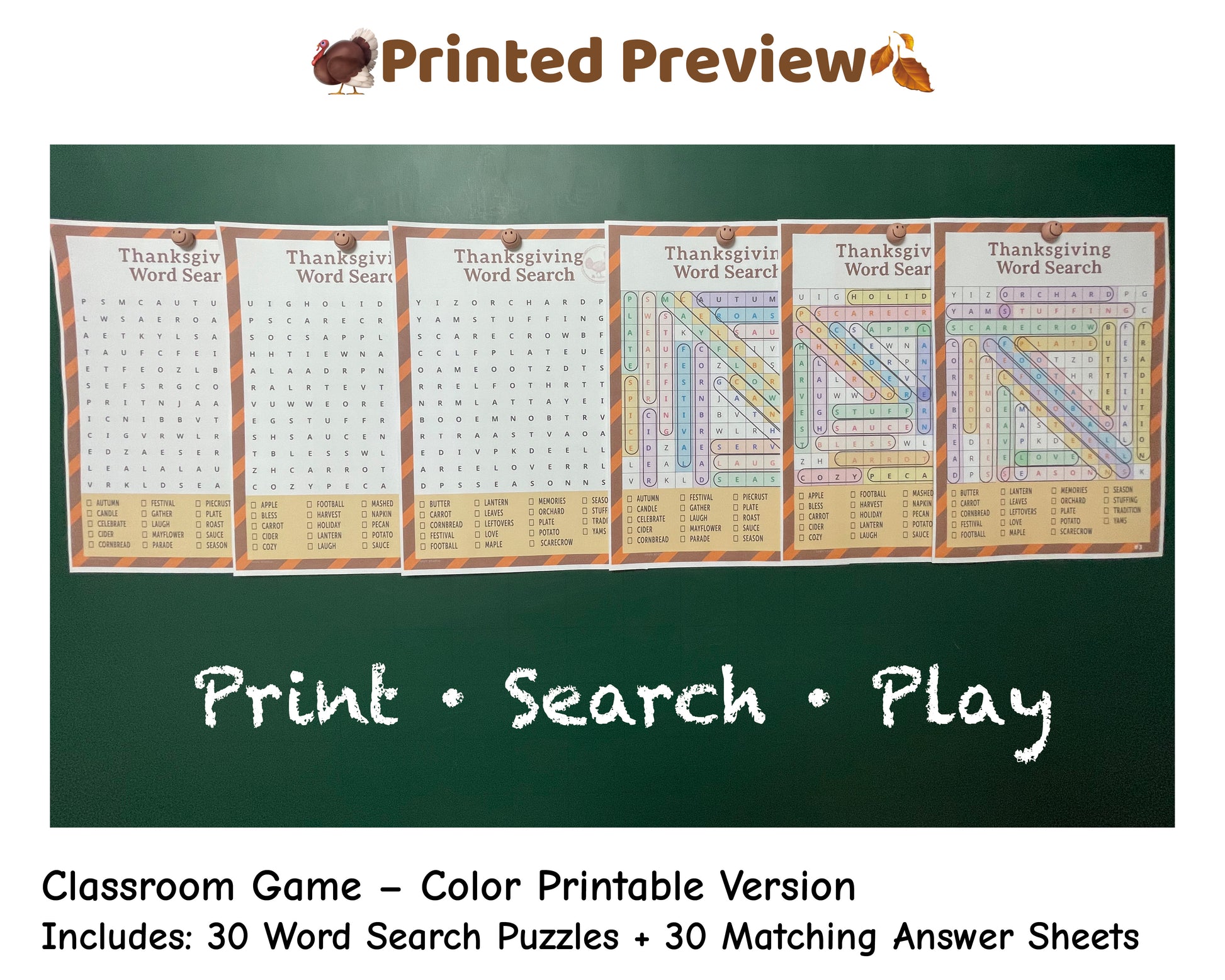 Thanksgiving Word Search classroom puzzles – 30 unique color printables with answer sheets. Designed for Grades 2–6.