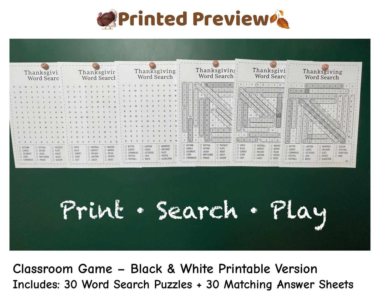 Thanksgiving Word Search classroom version – black & white printable puzzles with answer keys.