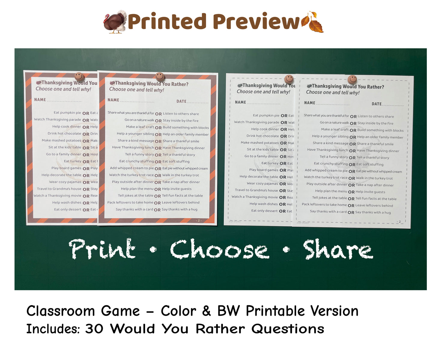 Thanksgiving Would You Rather classroom printable – 30 questions for group discussion and holiday learning.