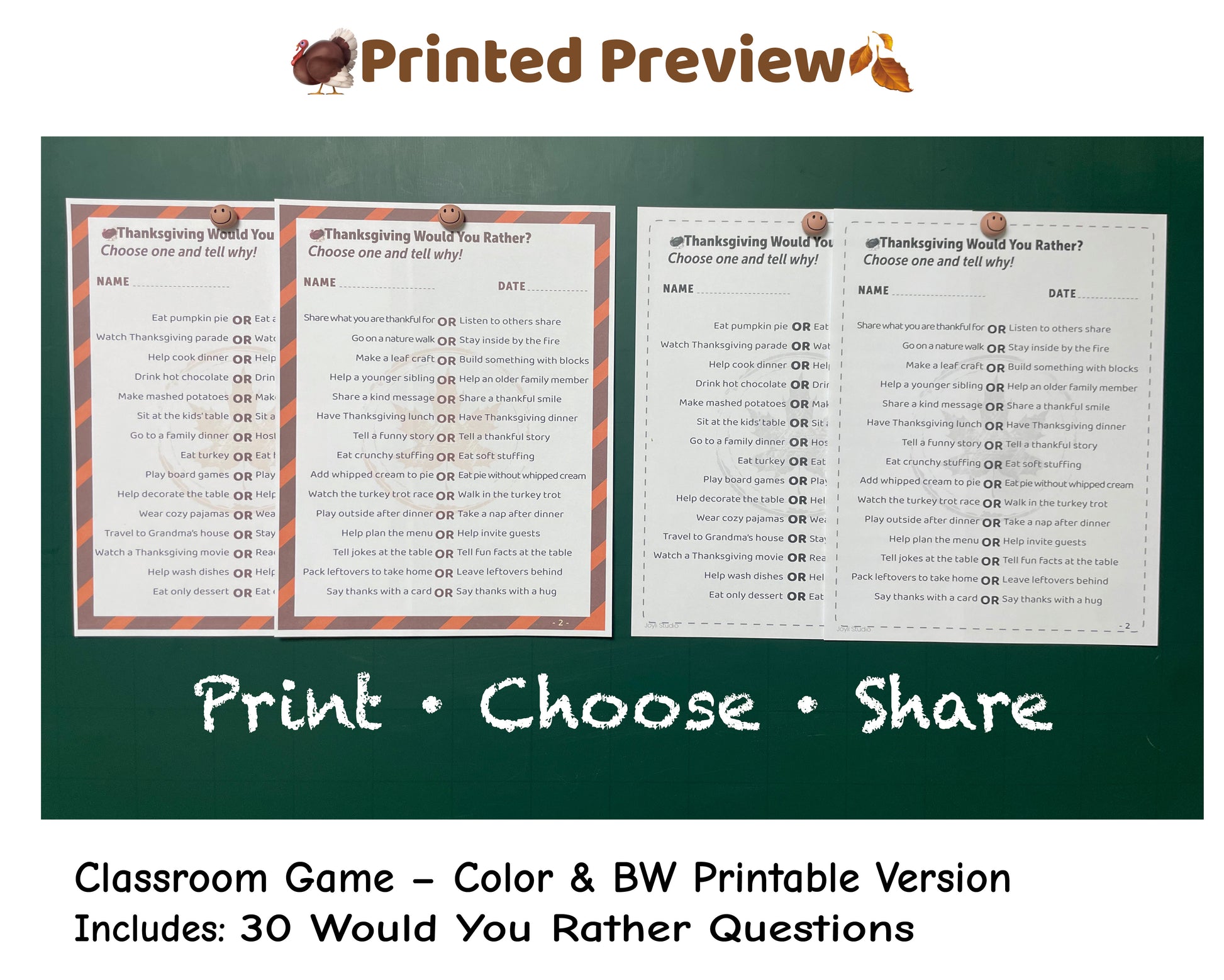 Thanksgiving Would You Rather classroom printable – 30 questions for group discussion and holiday learning.