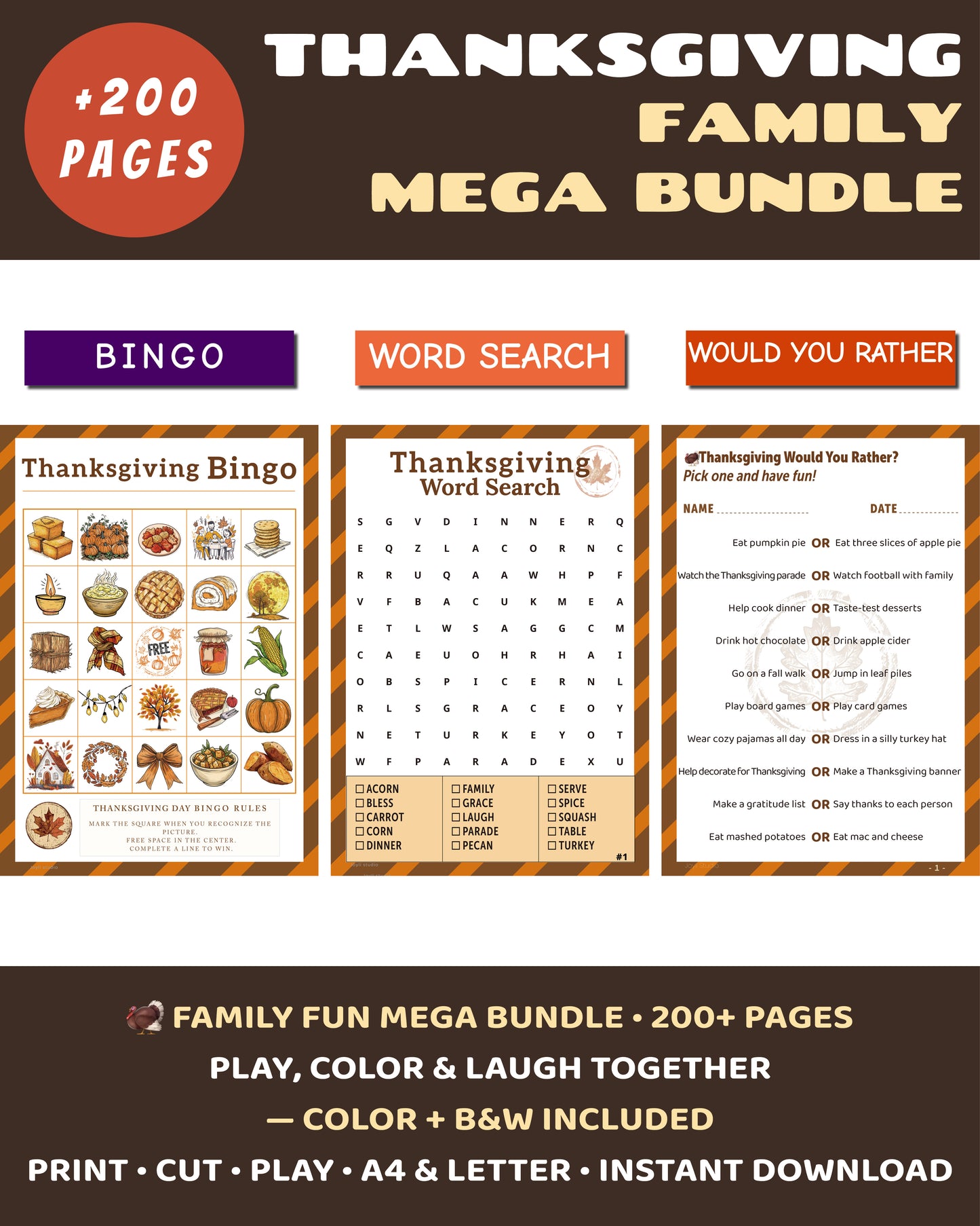 Thanksgiving Family Mega Bundle – printable holiday games for families. Includes Bingo, Word Search, and Would You Rather in color and black & white. 200+ pages of fun fall activities.