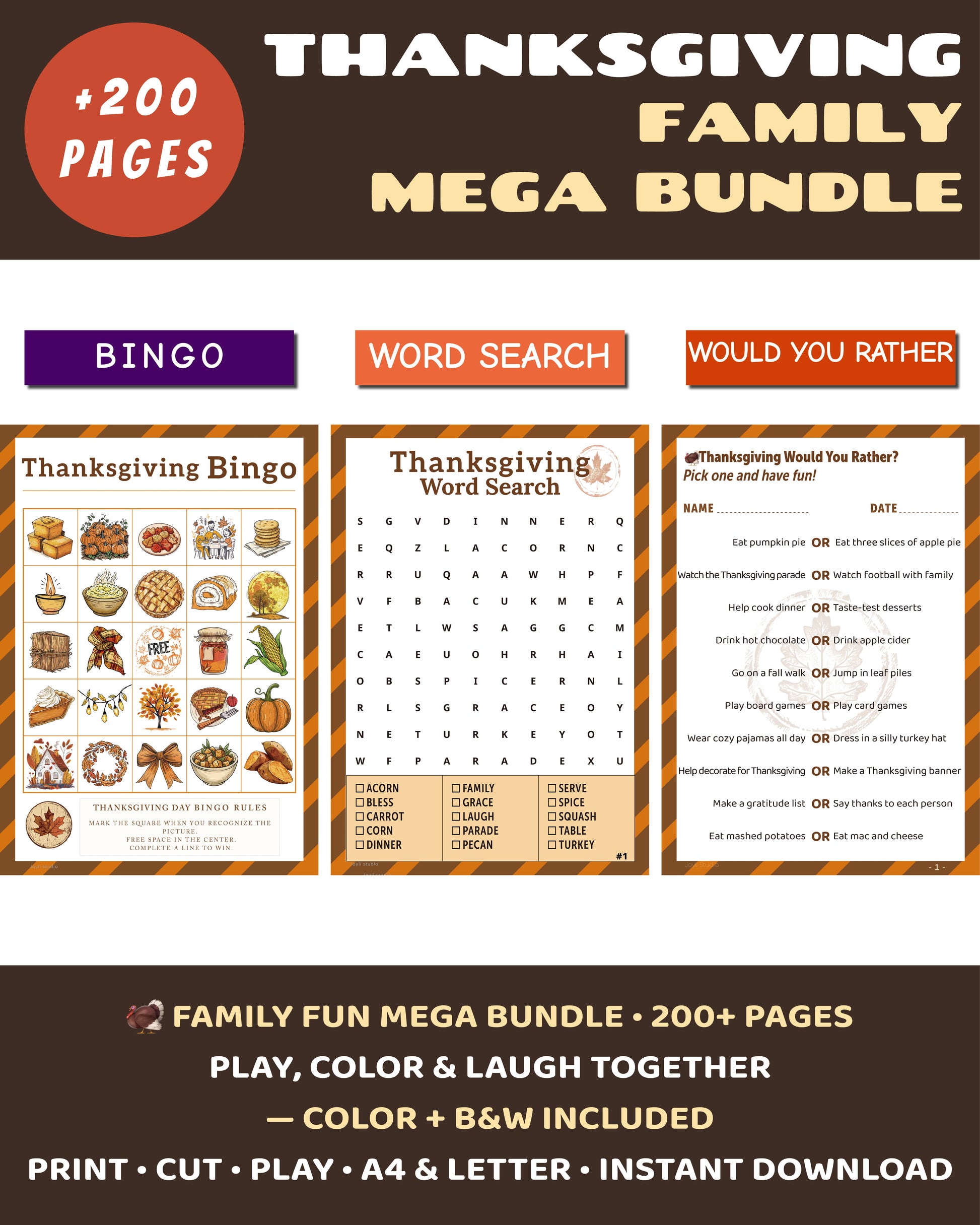 Thanksgiving Family Mega Bundle – printable holiday games for families. Includes Bingo, Word Search, and Would You Rather in color and black & white. 200+ pages of fun fall activities.