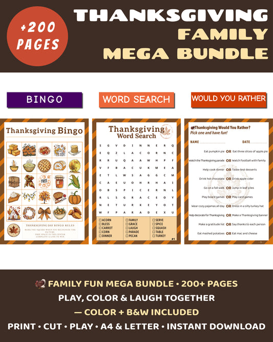 Thanksgiving Family Mega Bundle – printable holiday games for families. Includes Bingo, Word Search, and Would You Rather in color and black & white. 200+ pages of fun fall activities.