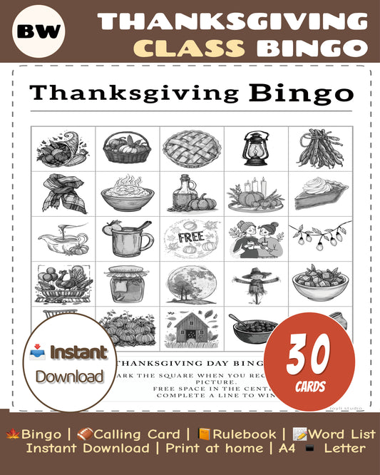 Black and white Thanksgiving Bingo classroom game with 30 printable bingo cards – Joyli Studio