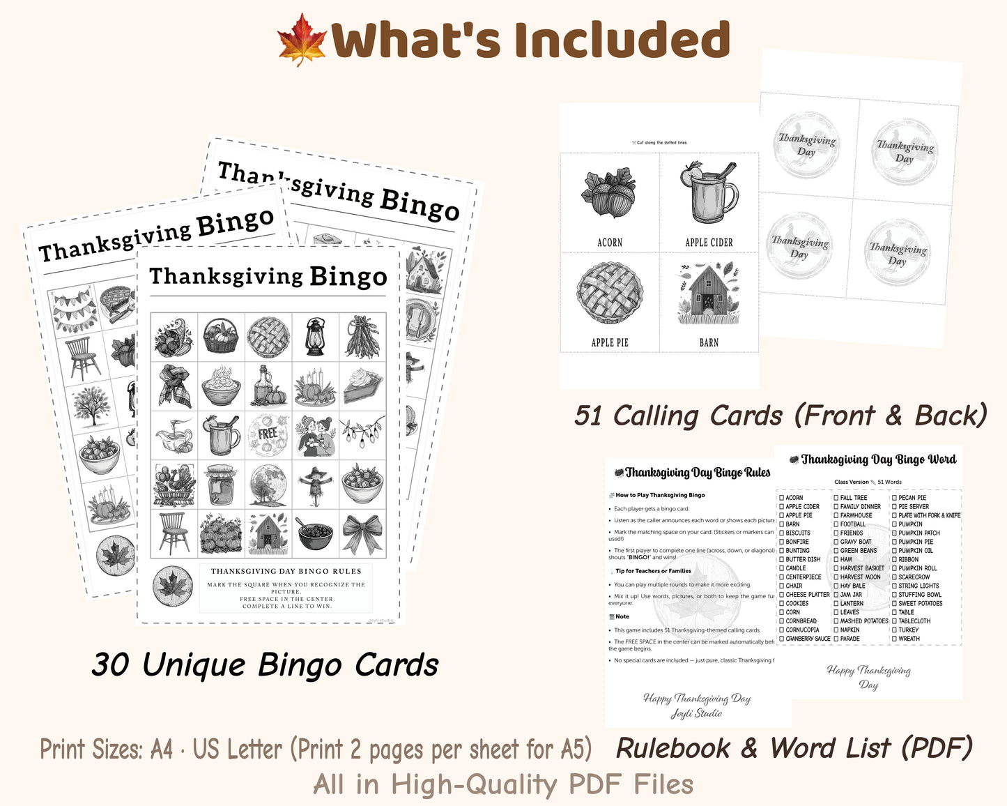 B&W printable Thanksgiving Bingo classroom set with 30 bingo cards, calling cards, game rules and word list – Joyli Studio