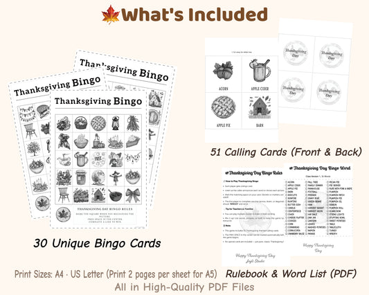 B&W printable Thanksgiving Bingo classroom set with 30 bingo cards, calling cards, game rules and word list – Joyli Studio