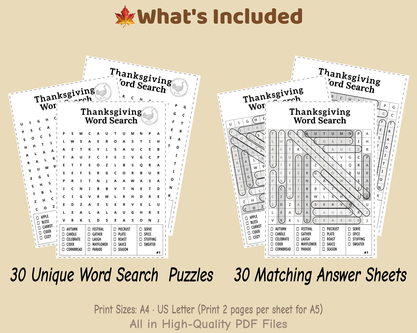 Thanksgiving Word Search – Classroom Edition | Printable Classroom Activity | 30 Puzzles (Black & White)