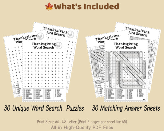 Thanksgiving Word Search – Classroom Edition | Printable Classroom Activity | 30 Puzzles (Black & White)