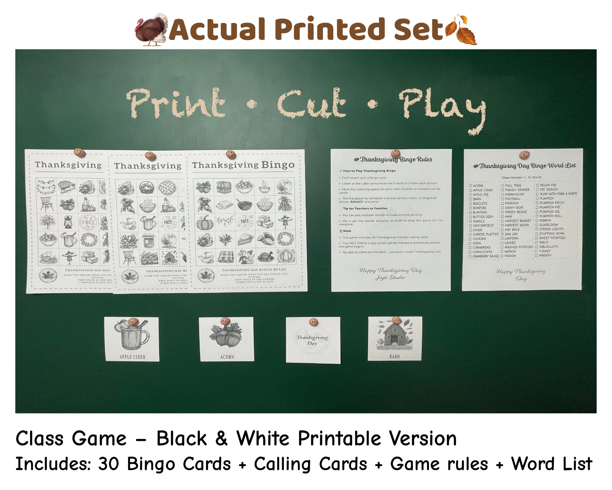 Printed Thanksgiving Bingo classroom activity set in black and white with calling cards and rules – Joyli Studio