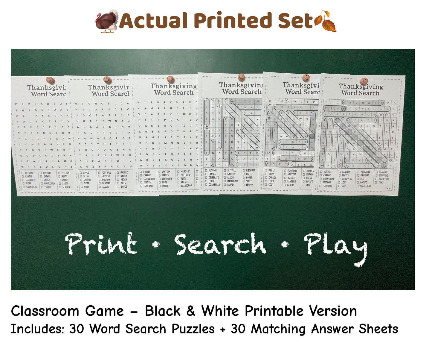 Thanksgiving Word Search – Classroom Edition | Printable Classroom Activity | 30 Puzzles (Black & White)