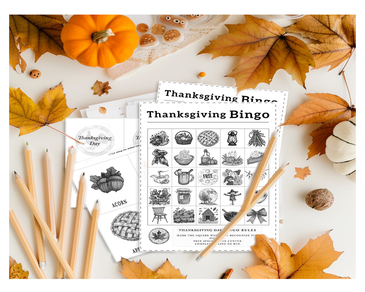 Closeup of printable black and white Thanksgiving Bingo cards and calling cards – Joyli Studio