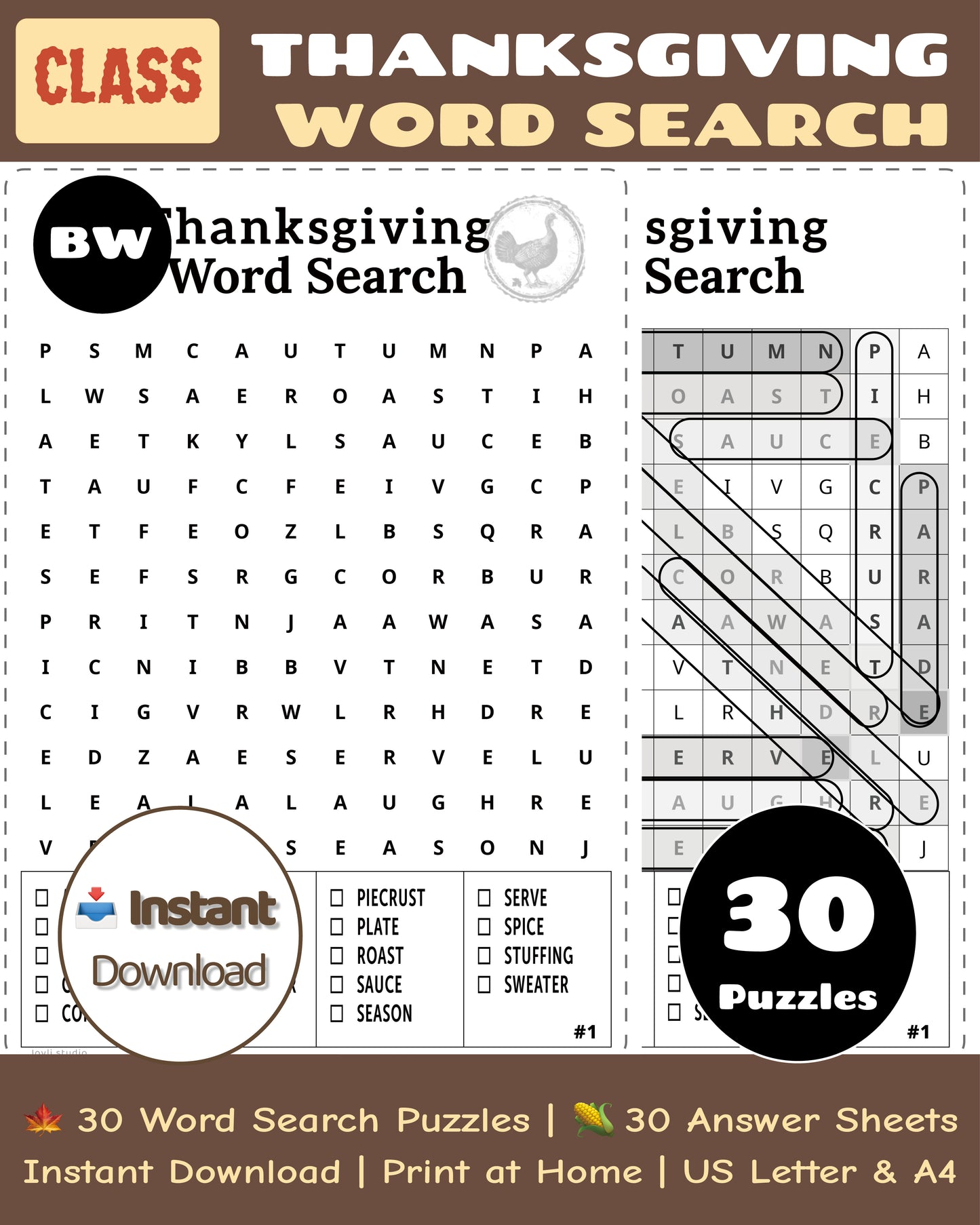 Thanksgiving Word Search – Classroom Edition | Printable Classroom Activity | 30 Puzzles (Black & White)