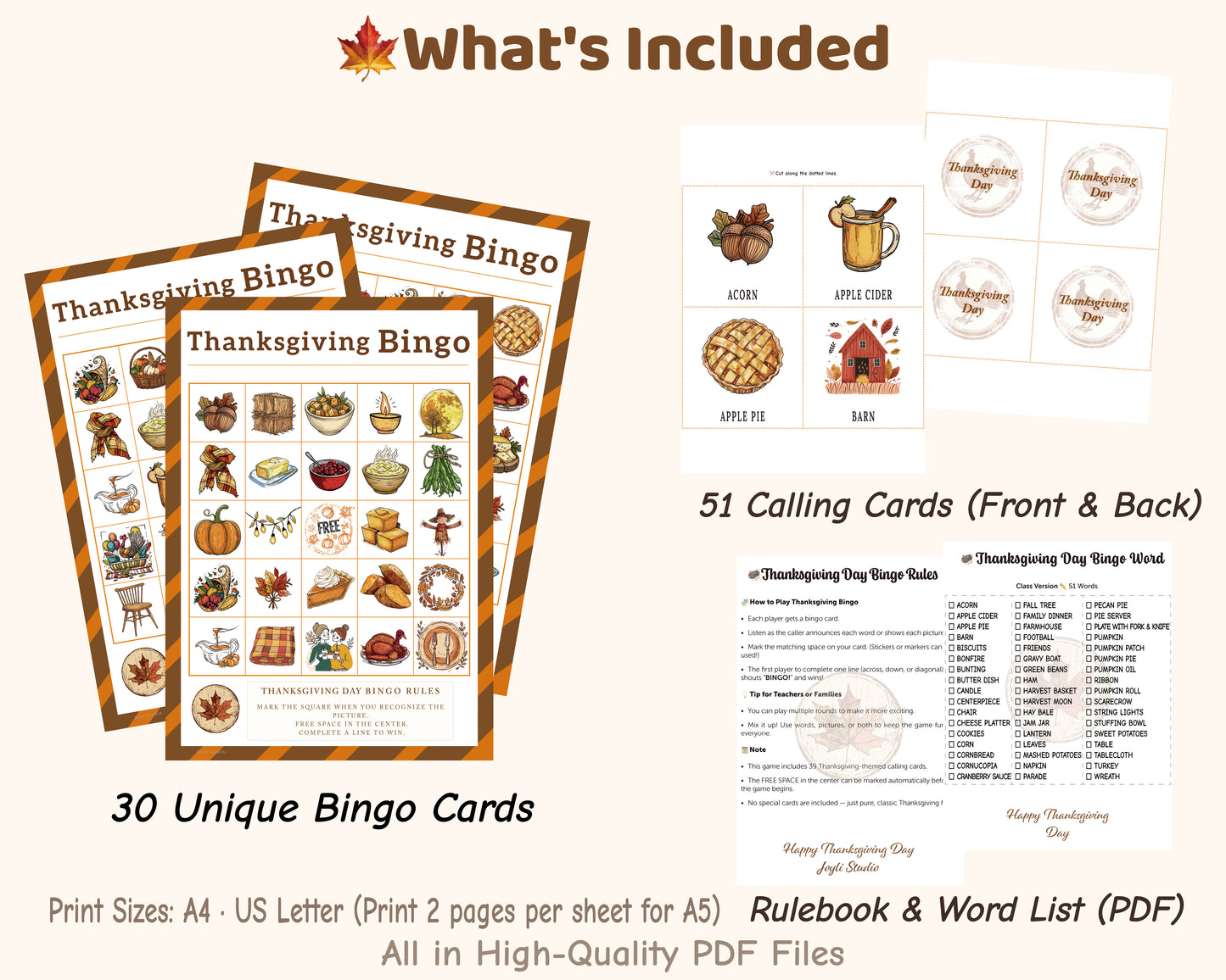 Printable Thanksgiving Bingo classroom set with 30 bingo cards, calling cards, game rules and word list PDF – Joyli Studio