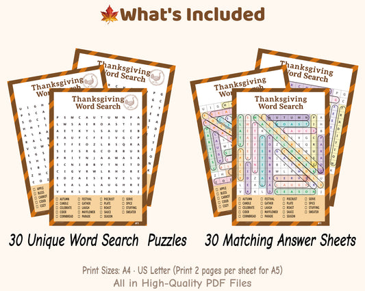 Thanksgiving Word Search – Classroom Edition | Printable Classroom Activity | 30 Puzzles (Color)