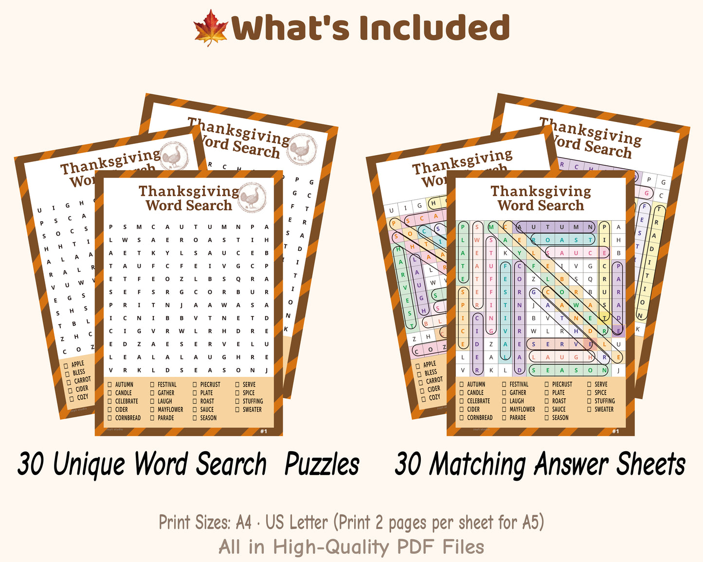 Thanksgiving Word Search – Classroom Edition | Printable Classroom Activity | 30 Puzzles (Color)