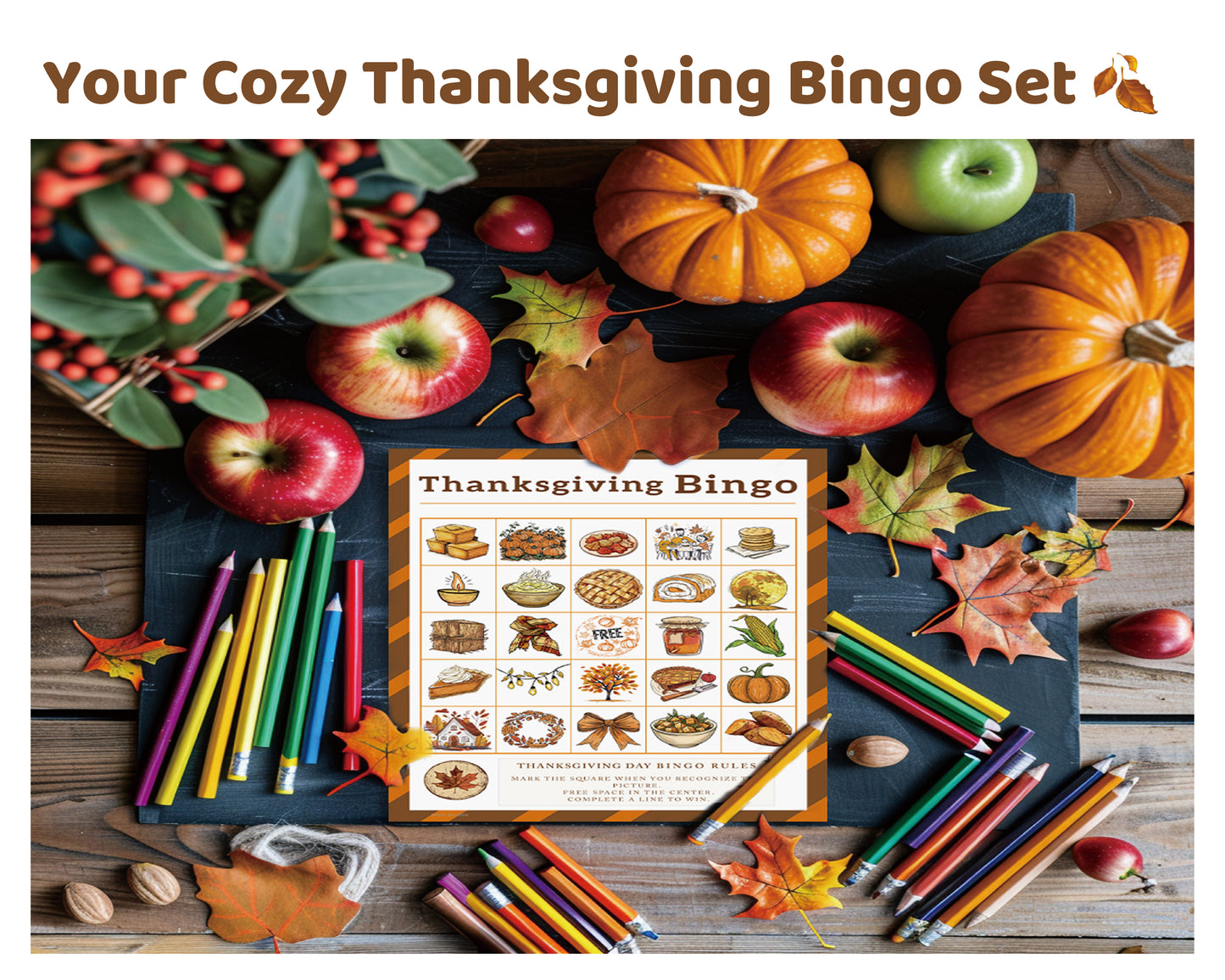 Fall themed Thanksgiving Bingo printable classroom activity displayed with school supplies – Joyli Studio
