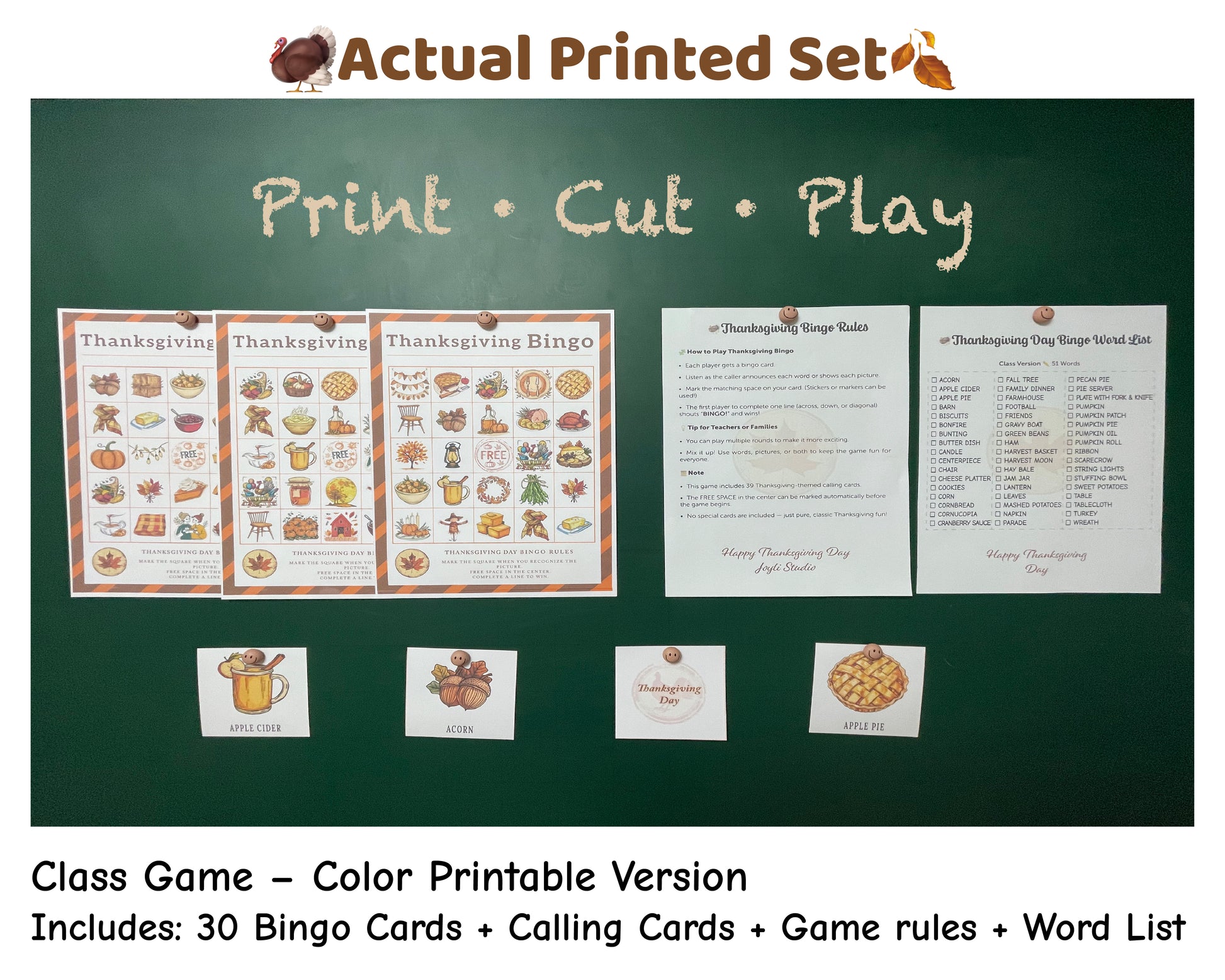 Printed Thanksgiving Bingo classroom activity set with calling cards and game rules – Joyli Studio