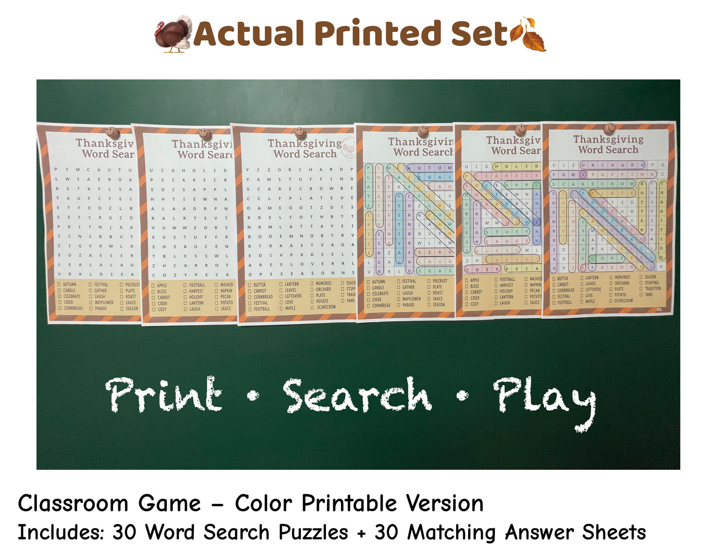 Thanksgiving Word Search – Classroom Edition | Printable Classroom Activity | 30 Puzzles (Color)
