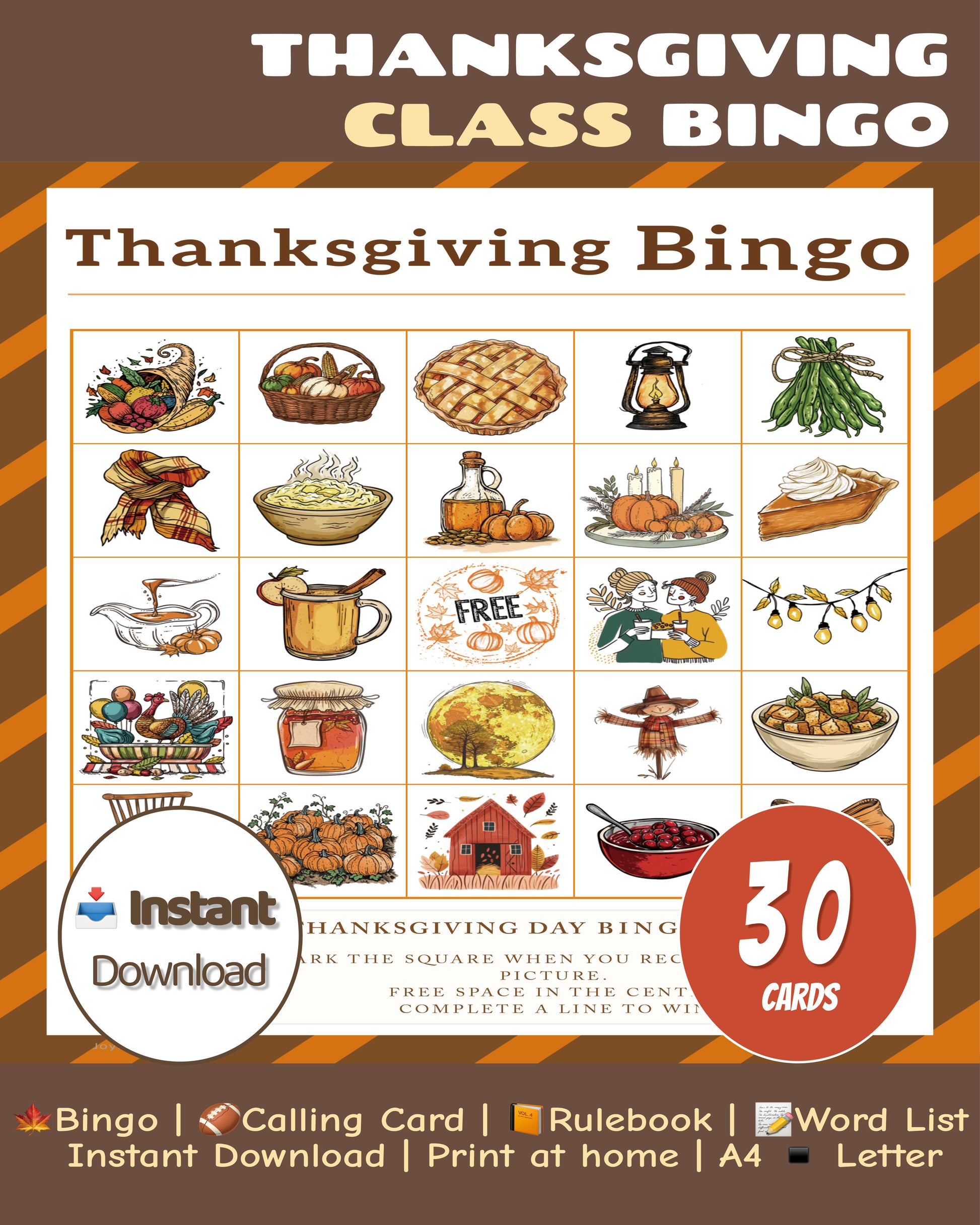 Thanksgiving Bingo classroom printable game with 30 colorful bingo cards for kids and teachers – Joyli Studio