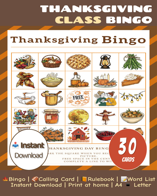 Thanksgiving Bingo classroom printable game with 30 colorful bingo cards for kids and teachers – Joyli Studio